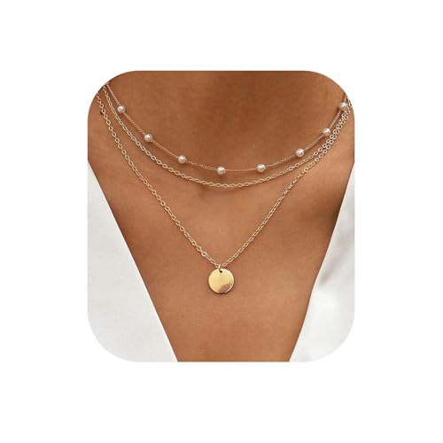 RANKEEF Layered Gold Necklaces For Women Adjustable Round Piece Pearl