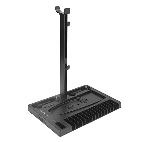 Support Vertical PS5 avec Ventilateur de Refroidissement, Base de Station de Charge Double Contrôleur PS5 avec Indicateur de Charge, 15 Disques de Jeu et Support de Casque pour Ventilateur