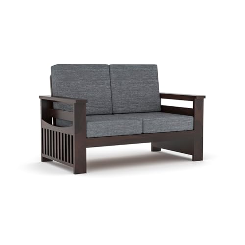 Image of Sheesham Wooden 2 Seater Sofa for Living Room | Rosewood 2 Seater Cushion Sofa Side Half Moon Rack | Solid Wood Sofa Set for Lounge (2 Seater,Walnut Finish)
