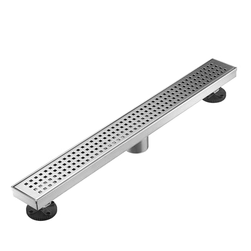 AVSIILE Linear Shower Floor Drain Brushed Nickel 24 Inch 304 Stainless Steel Bathroom Drains Kit Long Rectangular Shower Trench Drain with Square Pattern Drain Cover & Hair Catcher