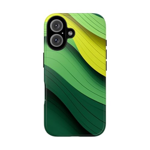 Coque rigide brillante iPhone 16 motif vague vert jaune - Protection anti-choc