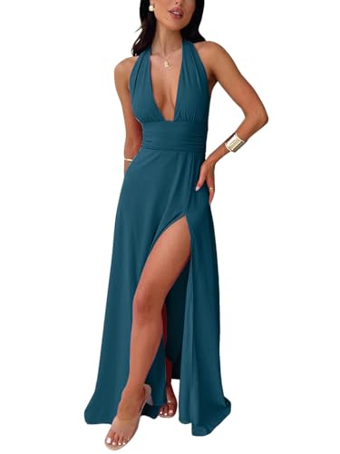 Ekaliy Womens Sexy Halter Neck Maxi Dress Sleeveless Backless Split