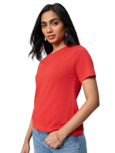 Image of The Souled Store Casual Classics: Women and Girls Short Sleeves Spread Collar Solid Cotton Regular Fit Breathable Lightweight Trendy Everyday T-Shirt