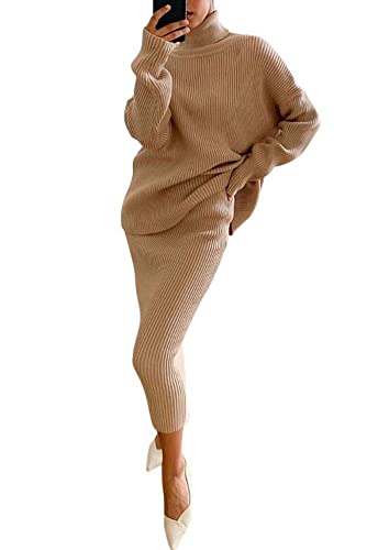 Image of chouyatou Women's Chunky 2 Piece Outfits Turtleneck Knit Sweater and Maxi Bodycon Skirt Sets
