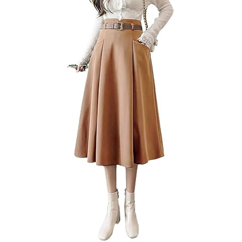 IDEALSANXUN Wool Midi Skirts for Womens High Waisted A Line Pleated Belted Fall Winter Skirts, Camel, M Cover