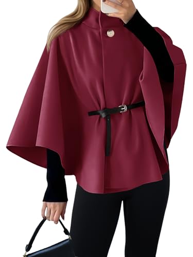 Image of Cicy Bell Womens Batwing Sleeve Poncho Pea Coats Oversized Belted Trendy Casual Stand Collar Cloak Cape Coats