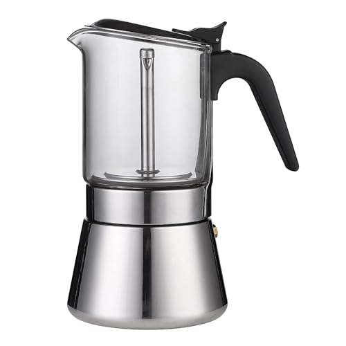 Image of Saiyam Classic Stovetop Espresso Maker for Great Flavored Strong Espresso 4 Espresso Cup Classic Italian Style Espresso Moka Pot Borosilicate Glass and Stainless Steel Built(200ml, Silver)