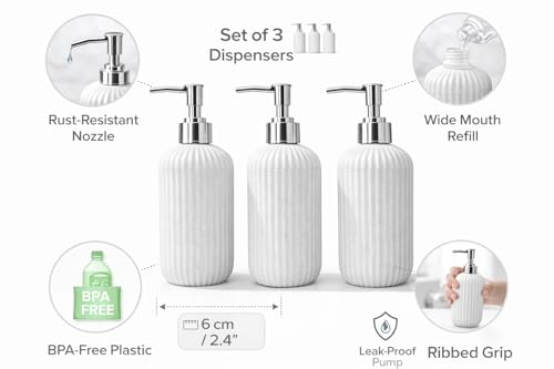 Image of LAGET 300ml Soap Dispenser for Wash Basin - Plane Ribbed Design | Kitchen and Bathroom Accessories Items | Refillable Handwash Dispenser Bottle- Set of 3 (White)