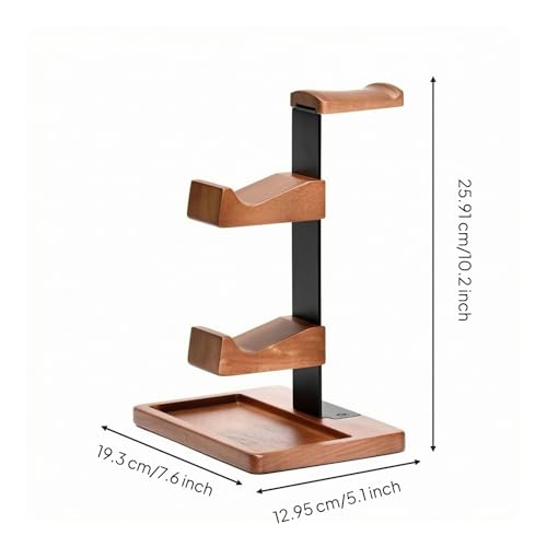 Image of Wood and Metal Headset Stand with Storage Tray Two Shelves Headphone Stand with Tray Curved Hanger Desktop Headphone Holder Sturdy for Gamers, Gaming Setup, as Shown