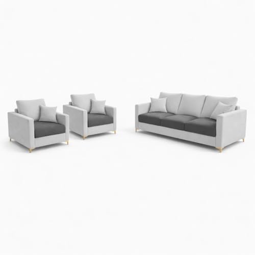 Image of Hayes Dual Tone Rich Velvet Suede 3+1+1 Seater Sofa Set | Golden Aesthetic Legs | Soft Touch Comfort Seating | 5 Person Seating | Modern Living Room Set (Dark Gray & Light Gray)