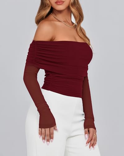 BTFBM Women's Long Sleeve Shirts 2025 Fall Crop Going Out Tops Mesh Ruched Casual Off Shoulder Blouses Y2K Clothes3