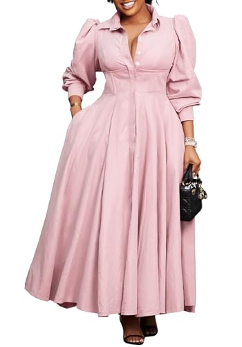 Womens Long Sleeve Shirt Dress Swing Pleated Plus Size Dresses with Pockets Casual Elegant Business Maxi Dress