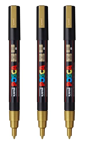posca PC-3M Water-Based Paint Markers, Reversible Fine Tip (0.9-1.3mm), Gold, 3 Count