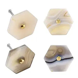 Mangsen Hexagon Agate Cabinet Knobs Set of 4 Natural Stone Decorative Knobs and Pulls Handle with Screws for Dresser Drawers Wardrobe Cupboard