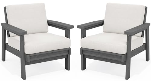 SERWALL HDPE Outdoor Couch Set of 2, All-Weather Wood-Like Outdoor Patio Furniture Set, Outdoor Sofa Chairs with Khaki Cushions