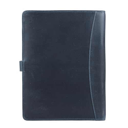 Image of KomalC Leather Portfolio Folder with Button Closure | Business Padfolio for Professionals | Vintage Organizer with Legal Pad Holder, Card Slots & Document Pockets (Blue)
