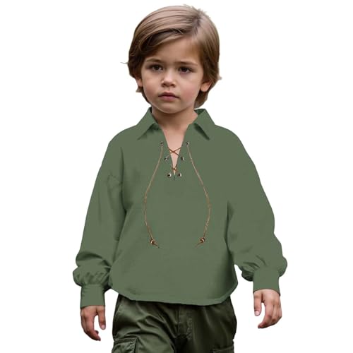 Renaissance Shirt for Kids Boy Vintage Medieval Pirate Tshirts Tween Boys Cotton Linen Long Sleeve V-Neck Performance Tops