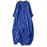 Women Vintage V-Neck Accordion Pleats Straight Dresses Solid Casual Loose Sundress Vestidos Blue XXL(14)