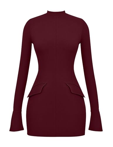 Image of YMDUCH Women's Long Sleeve Mock Neck Bodycon Mini Party Dress | Stretch,Flare Sleeve,Formal,Back Zipper,Elegant,Comfy,Casual,Fitted,Solid,Party,Date Night,Club,Birthday,Fall,Spring,Short