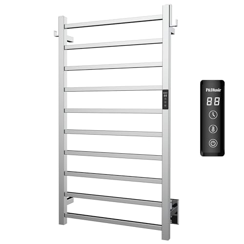 P&Dlusir Square Bar Towel Warmer, Heated Towel Rack with Smart Timer and Thermo Control, Wall-Mounted Heated Towel Rail, Stainless Steel, Hard-Wired/Plug-in, 10 bar, Polished