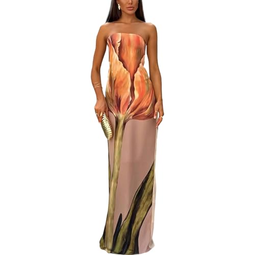 Image of Women Y2k Strapless Maxi Dress Summer Backless Floral Long Tube Dress Off Shoulder Cocktail Party Dress, X-Large