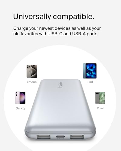 Image of Belkin Portable Charger, USB C Power Bank 10,000mAh w / 2xUSB-A Ports, 15W w /Type-C to Type-A Cable for iPhone 17, Air, Samsung Galaxy S25, iPad, Nintendo Switch 2, Google Pixel 10, etc. - Pearl Blue