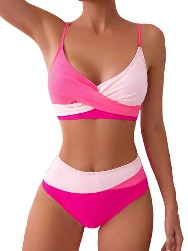 YELAIVP High Waisted Bikini Sets for Women V Neck Bathing Suit for Women Tummy Control Two Piece Swimsuits Swimwear