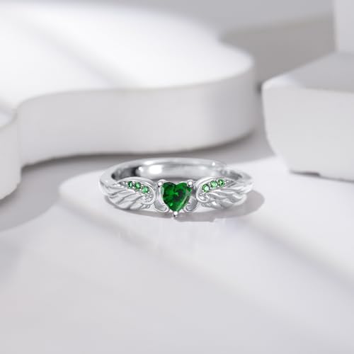 925 Sterling Silver Angel Wing Heart Ring for Women High Polish Angel Memorial Ring with Emerald Green Gemstone Birthstone Promise Ring Colored Zirconia Mothers Day Jewelry Christmas Gifts2