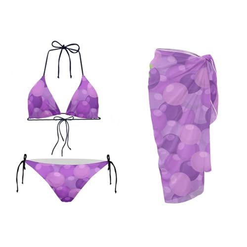 UNICEU Grape Print Bikini Sets for Women with Cover Up Slimming Back Cutout Halter Bikinis Set Breathable Fashion Travel Vacation Bathing Suit Coverup Skirt