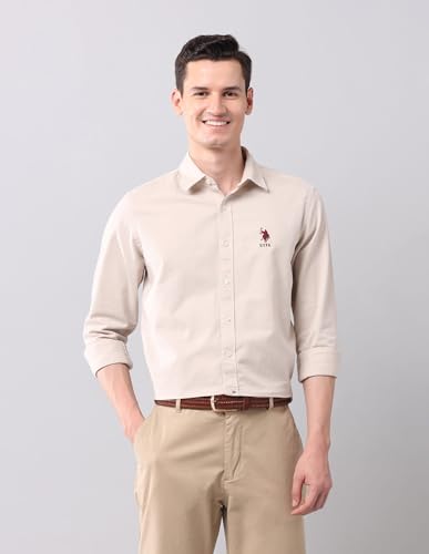Image of U.S. Polo ASSN. Solid Slim Fit Shirt for Men - 100% Cotton, Breathable & Comfortable, Full Sleeves Casual Shirt for Men