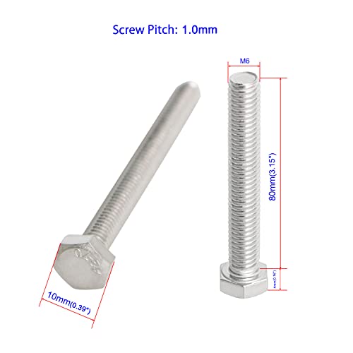 Image of 10 Pcs, SUS304 M6 x 80mm Hex Head Bolts Screws,Strength Grade A2-70 (Grade 5.8), Fully Threaded Plain Finish