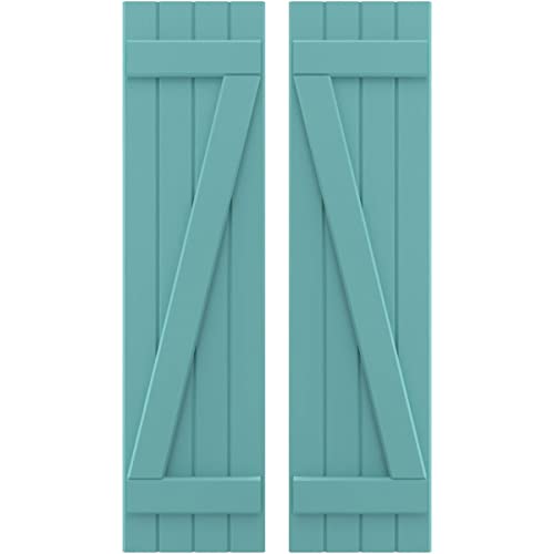 14"W x 81"H Americraft Four Board (2 Batten) Exterior Real Wood Joined Board-n-Batten Shutters w/Z-Bar (Per Pair), Pure Turquoise