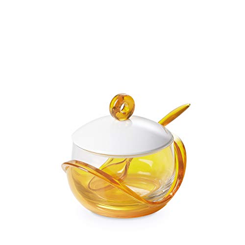 Omada Design Tazón de queso o azúcar con recipiente de vidrio transparente, base, tapa y cuchara en plástico blanco, ergonómico y con un diseño innovador, Trendy Line