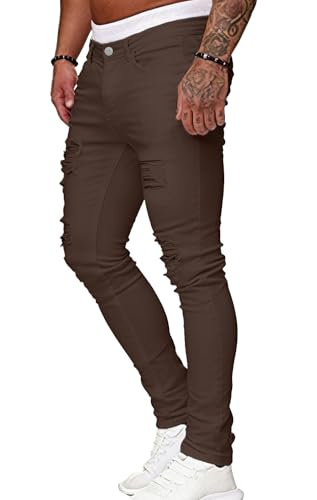 Image of HUNGSON Men's Blue Slim Fit Jeans Stretch Destroyed Ripped Skinny Jeans Side Striped Denim Pants