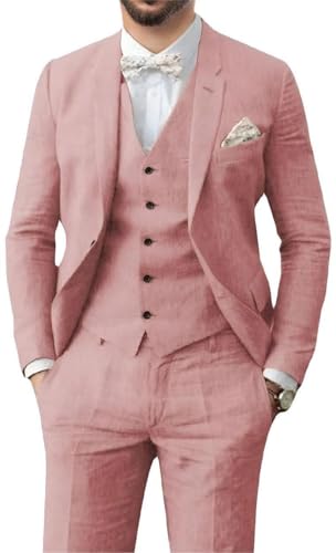 Men's 3 Pieces Linen Suit Casual Slim Fit Suits Retro Wedding Prom Tuxedos Summer Beach Party Blazer Vest Pants Set