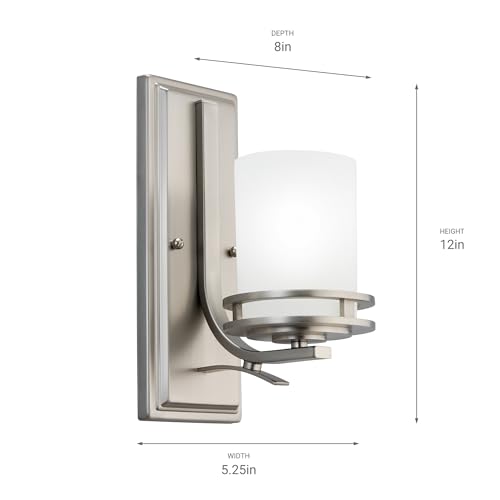Image of Kichler Hendrik 12 inch Wall Sconce in Brushed Nickel, 1-Light Modern Wall Mount Light with Satin Etched Cased Opal Glass, (12 inch H x 5.25 inch W), 5076NI, 24.75 in