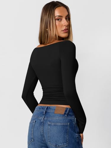 Trendy Queen Womens Boat Neck Long Sleeve T Shirt Fall Crop Top Fitted Basic Tee Going Out Fashion Clothing4