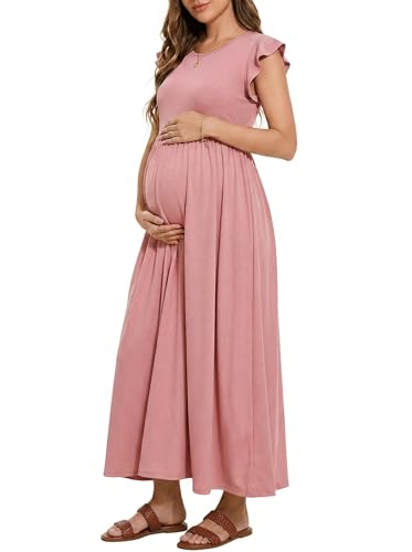 Image of OUGES Women's Maternity Dress Summer Ruffle Sleeve Patchwork Casual Flowy Maxi Dresses with Pockets