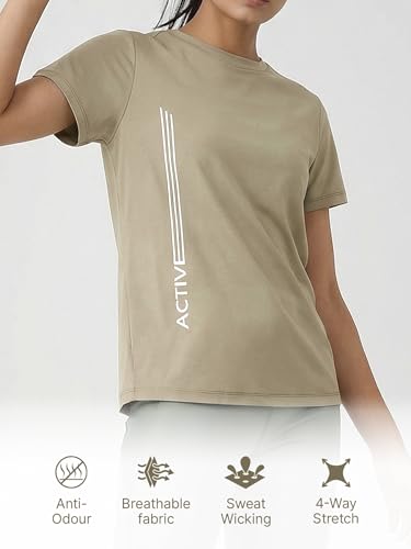 Image of Enamor Short Sleeve Crew Neck Regular Length Basic Dry Fit Workout Crew T-Shirt for Women - Relaxed Fit, Quick Dry, Antimicrobial - A309