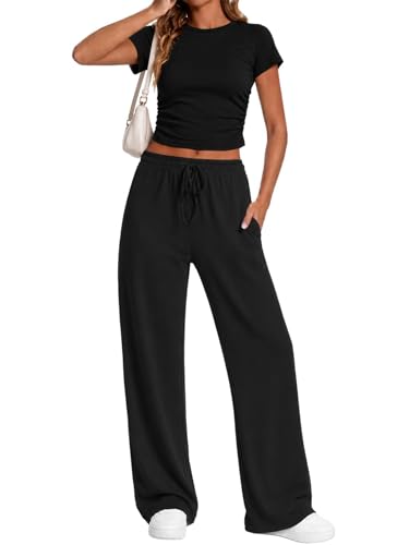 LanGui Summer 2026 Matching Lounge Set for Women 2 Piece Sets Side Ruched Top Wide Leg Pants Travel Vacation Airport Outfit Black S