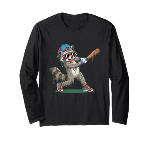 Funny Baseball Raccoon Donut Sprinkle Hitter Trash Panda Long Sleeve T-Shirt