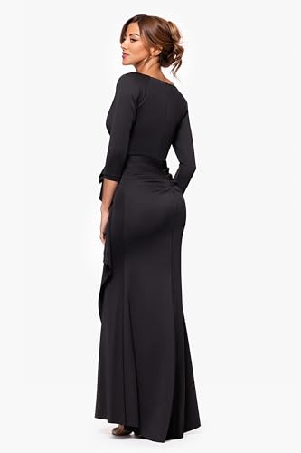 Xscape Women's Long 3/4 Sleeve V-Neck Side Ruched Gown (Reg and Petite), Black, 63