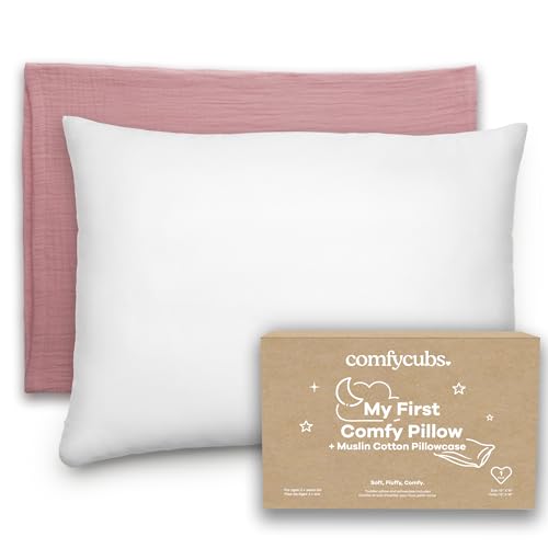 Comfy Cubs Toddler Pillow with Muslin Pillowcase, 13 x 18 in - Travel and Sleep Support for Kids - Lightweight, Breathable Microfiber Fill - Soft and Cozy Small Pillow for Toddlers - Mauve