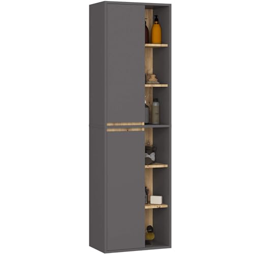 AKORD Colonne Salle de Bain Suspendue VAMI W50 - Meuble Mural 2 Portes, 10 Étagères - Rangement pour Cosmétiques et Serviettes, Fixation Murale - 50x170x30...