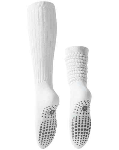 Image of Yawlsow Pilates Socks with Grips for Women Yoga Ruffle Grippy Non Slip Long Slouchy Scrunch Socks for Barre Workout Hospital