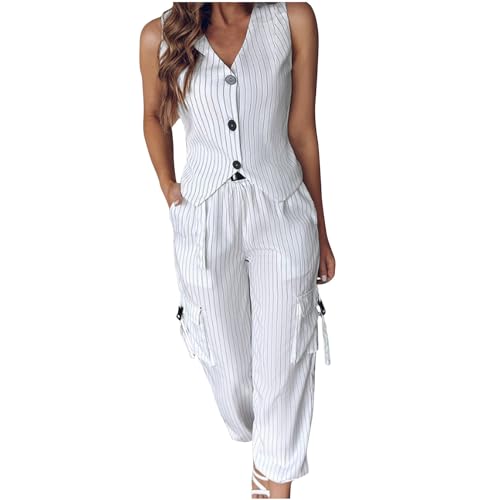 Womens 2 Piece Suits Set Button Down V Neck Vest Sleeveless Tops and Pockets Cargo Pants Trendy Striped Print Outfits