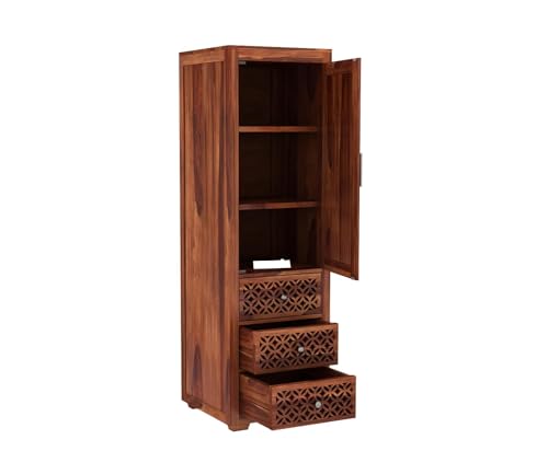 Image of Sheesham Wood Wooden Single Door Wardrobe Organizer for Clothes | - Solid Wood Almirah with 3 Drawers, 3 Shelves - Cupboard for Large Bedroom, Natural Finish