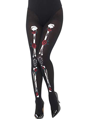 Smiffys - 43101 - Opaque Day of the Dead Tights - Black - One Size - US Dress Size 4 / 12