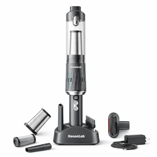 XenonLab Handheld Vacuum Cordless 25000Pa Car Vacuum 3-in-1 Handheld Vacuum, Includes Smart Display and Charging Base Hand Vac Cordless Rechargeable One-Touch Empty for Home/Pet/Car (White)