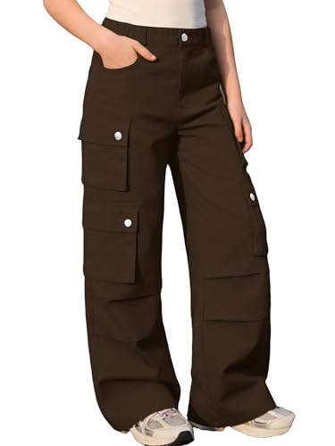 Image of SANGTREE Girls Wide Leg Cargo Pants Multi Pocket,6-14 Years | Cotton High Waist Baggy Trousers with Pockets Teen Y2K Streetwear School Pants| Back-to-school,Outdoor Play